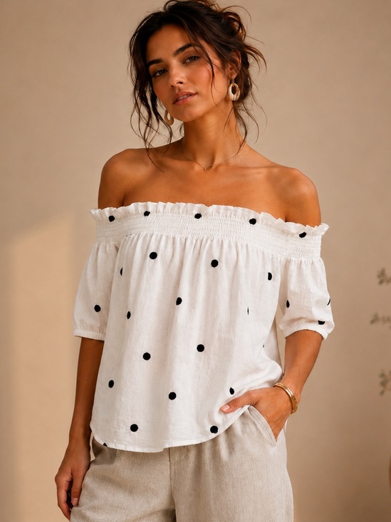 H&M Tops - 100% Cotton Off-the-Shoulder Embroidered Polka Dot Blouse